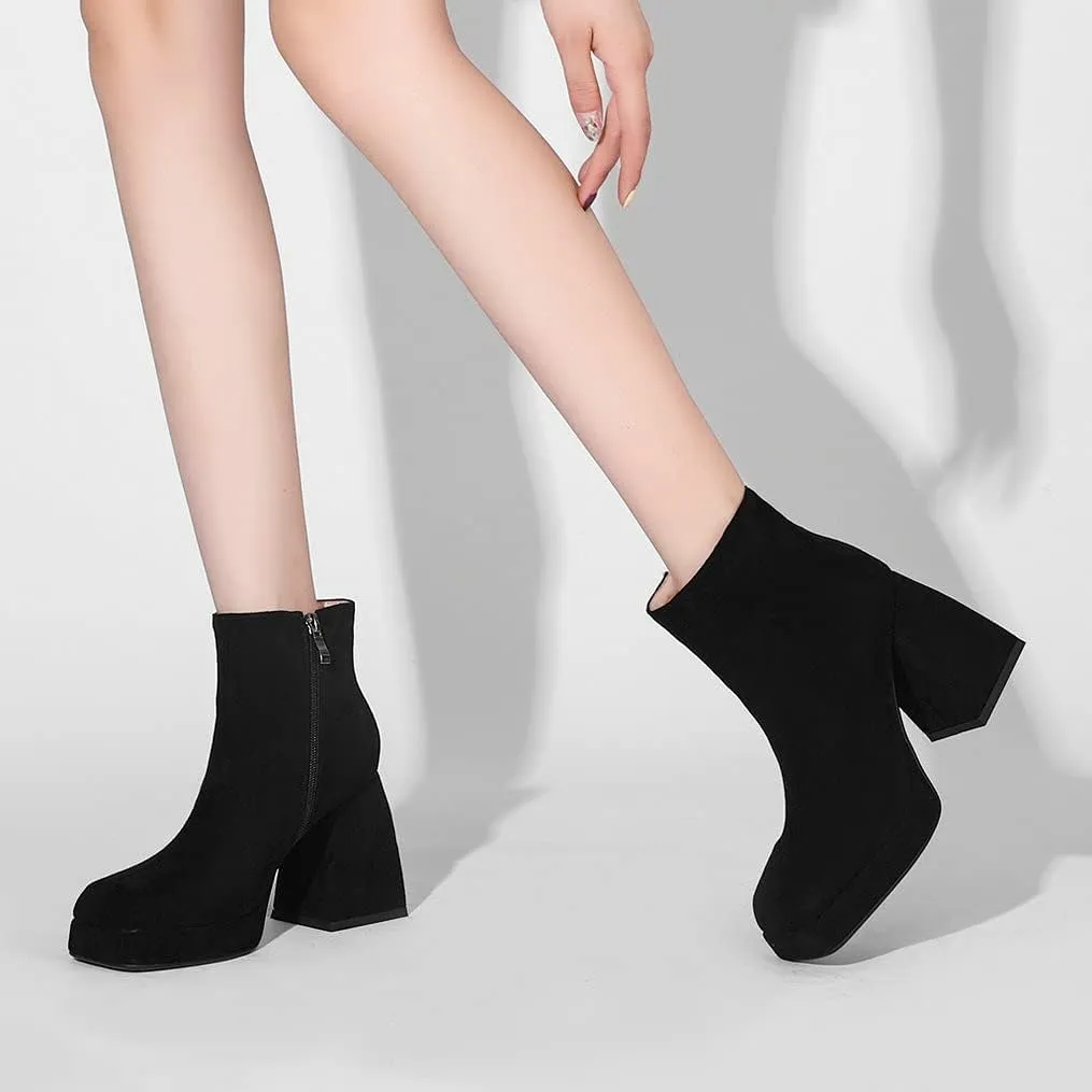 LUXMAX Women Patent Leather Gogo Boots Chunky Heeled Platform Ankle Boots