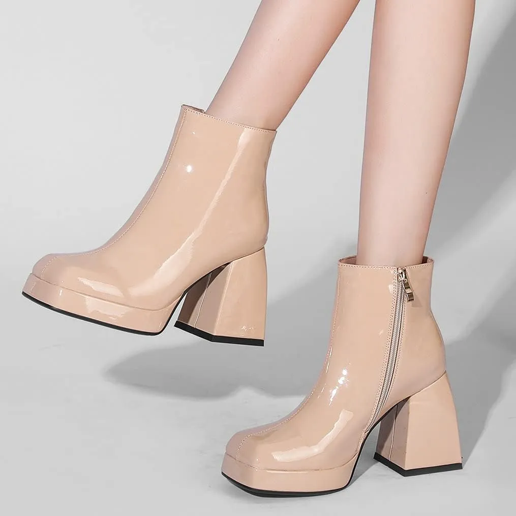 LUXMAX Women Patent Leather Gogo Boots Chunky Heeled Platform Ankle Boots