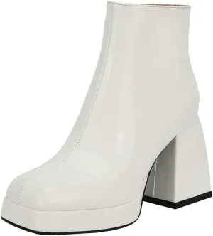 LUXMAX Women Patent Leather Gogo Boots Chunky Heeled Platform Ankle Boots