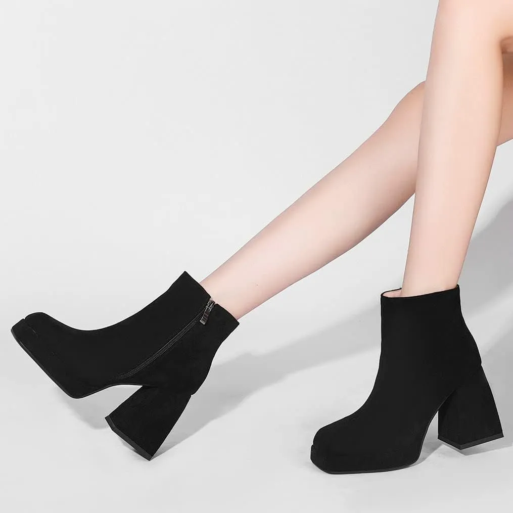 LUXMAX Women Patent Leather Gogo Boots Chunky Heeled Platform Ankle Boots