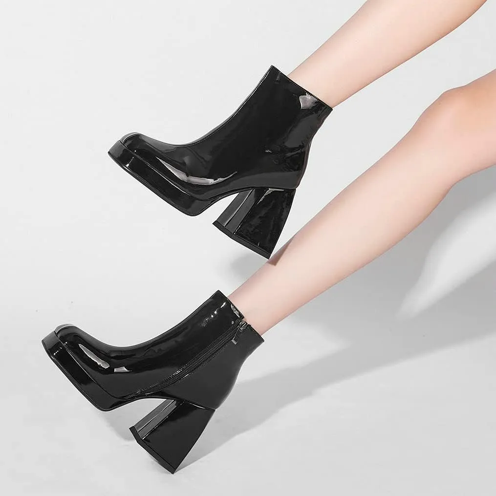 LUXMAX Women Patent Leather Gogo Boots Chunky Heeled Platform Ankle Boots