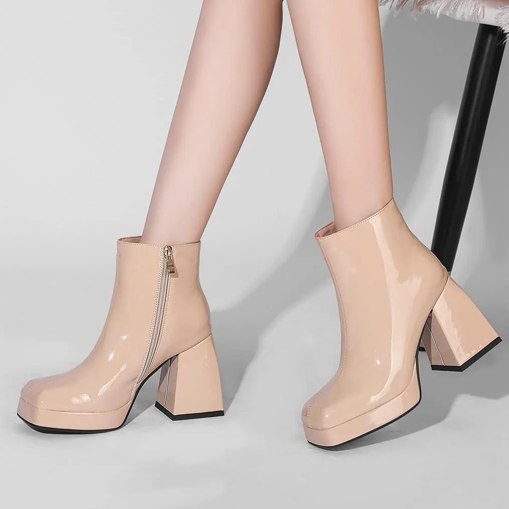 LUXMAX Women Patent Leather Gogo Boots Chunky Heeled Platform Ankle Boots