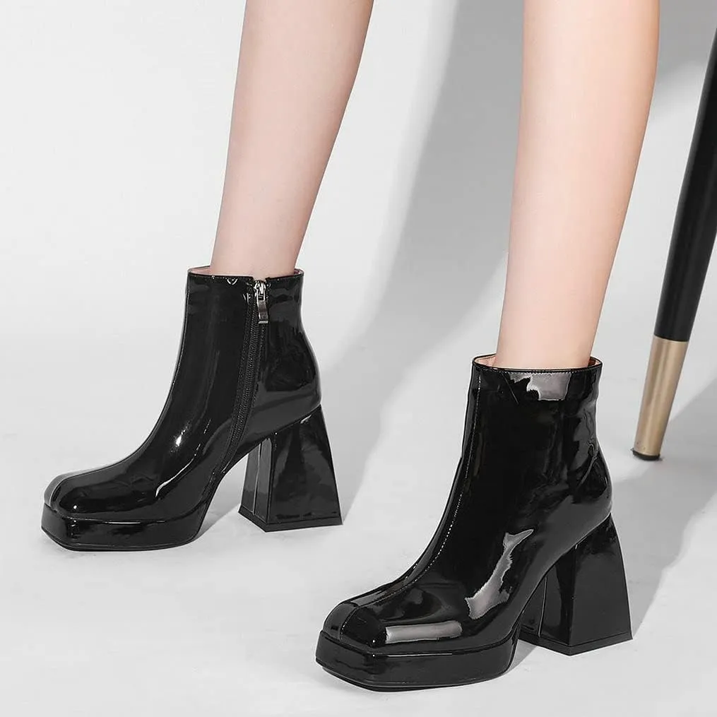 LUXMAX Women Patent Leather Gogo Boots Chunky Heeled Platform Ankle Boots