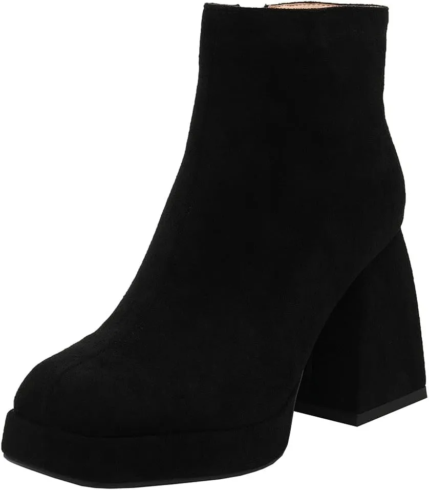 LUXMAX Women Patent Leather Gogo Boots Chunky Heeled Platform Ankle Boots