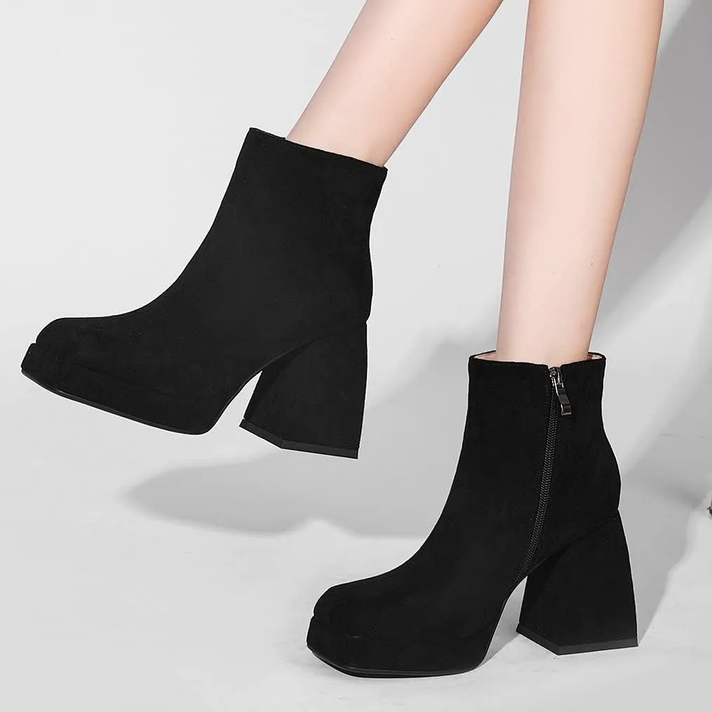 LUXMAX Women Patent Leather Gogo Boots Chunky Heeled Platform Ankle Boots