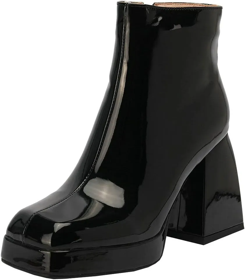 LUXMAX Women Patent Leather Gogo Boots Chunky Heeled Platform Ankle Boots