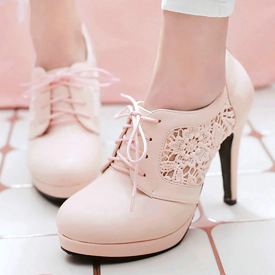 MAVMAX Women's Lace up Stiletto High Heel Booties Platform Ankle Boots