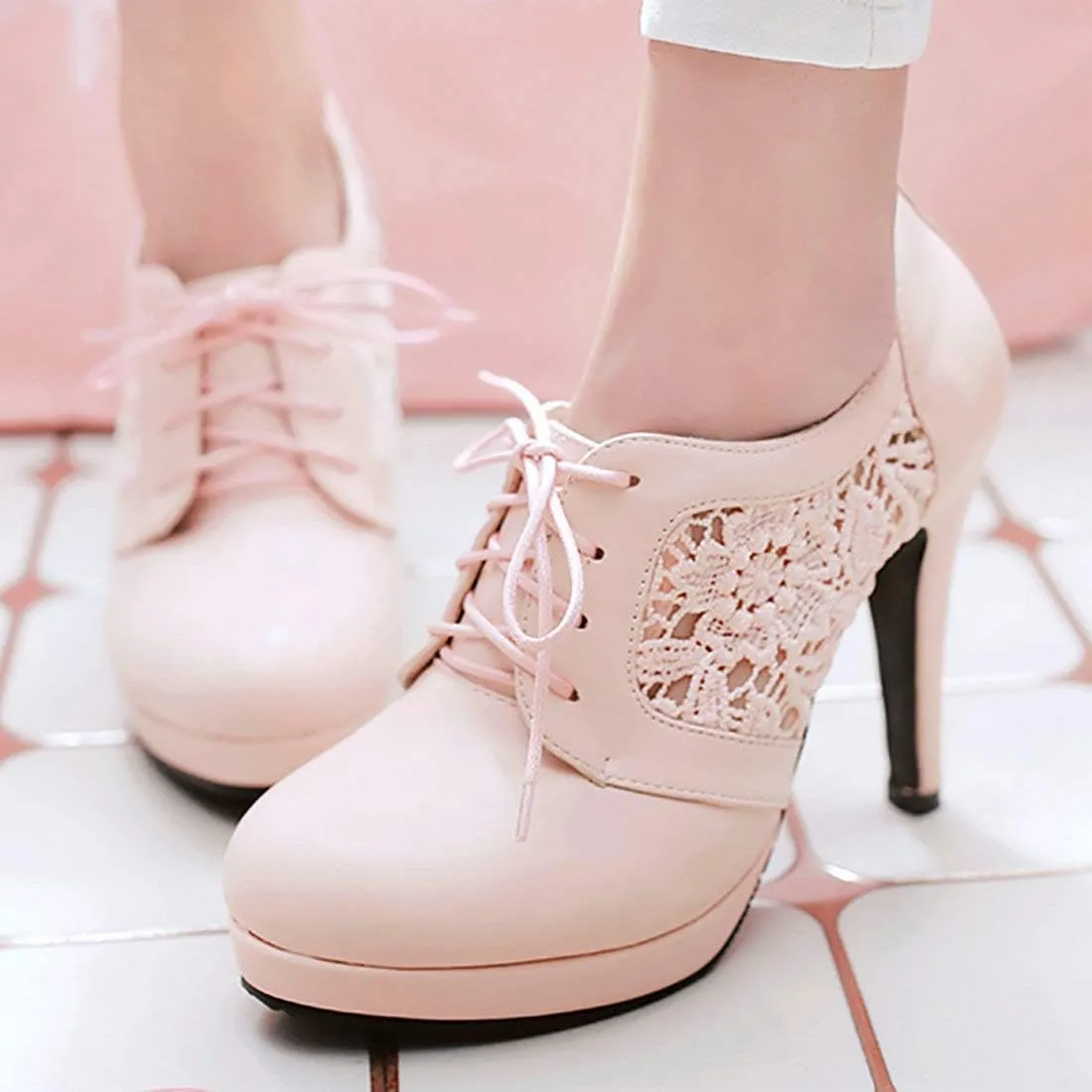 MAVMAX Women's Lace up Stiletto High Heel Booties Platform Ankle Boots