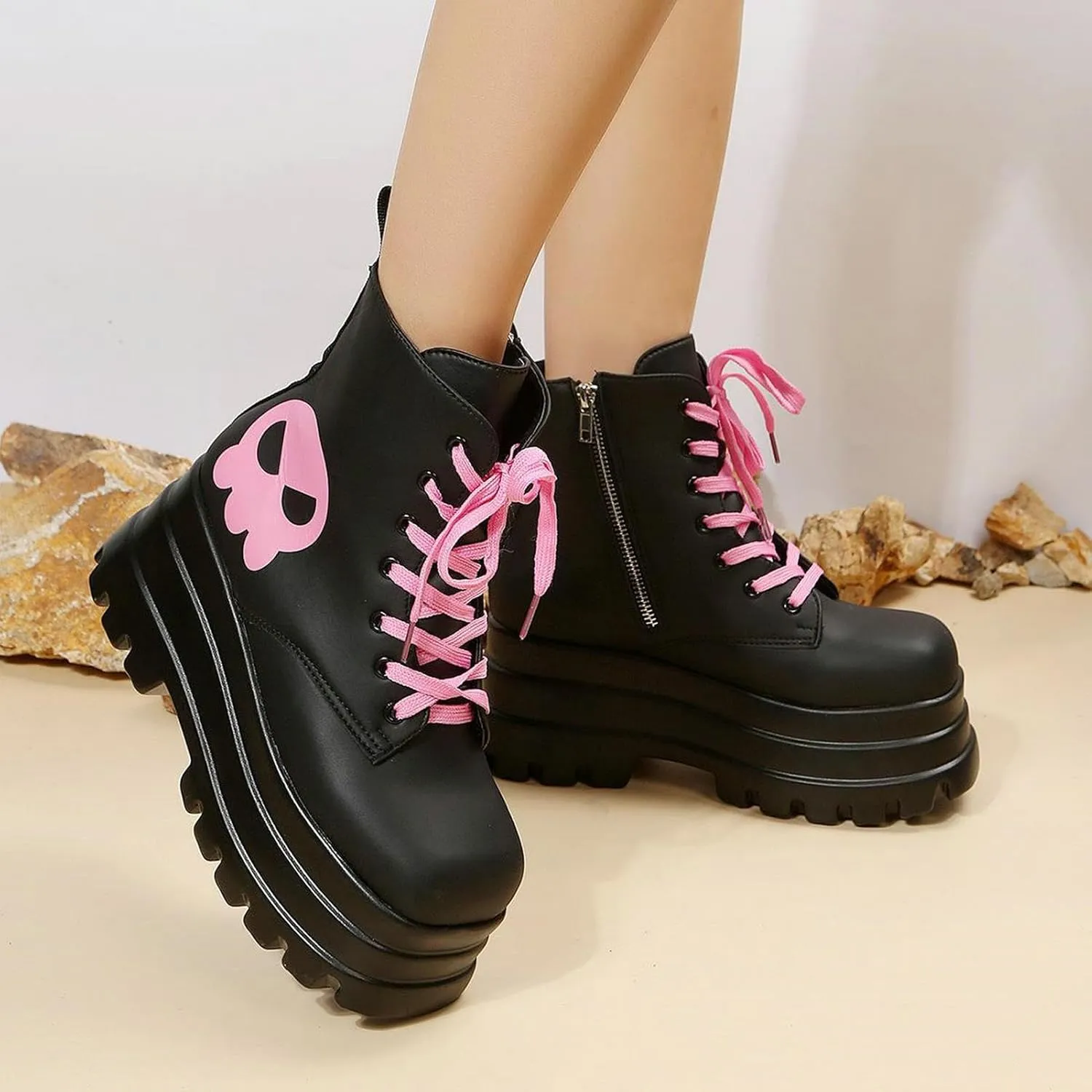 Meefit Women Wedged Boots Goth Lace Up Combat Platform Ankle Boots High Heels Punk Boots