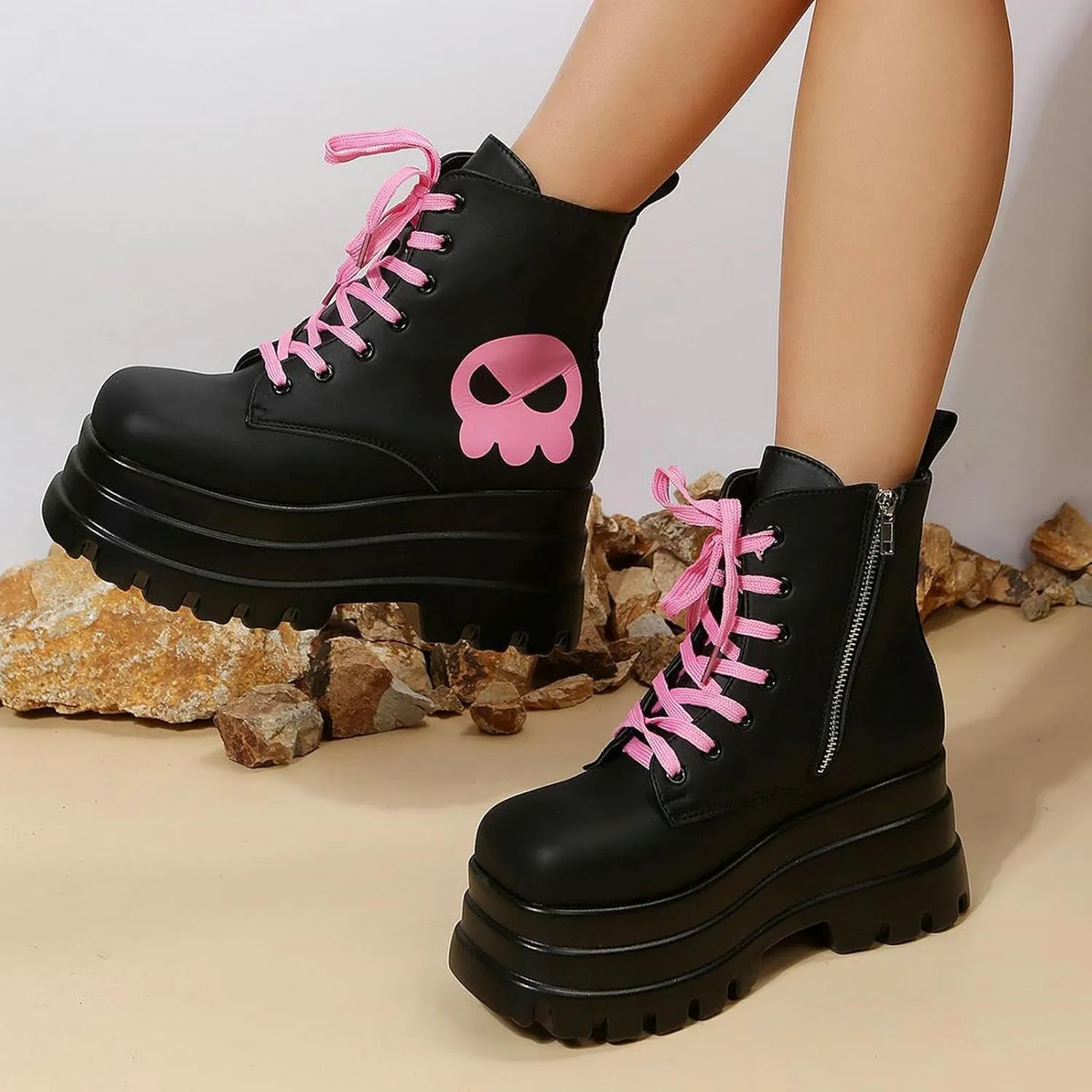 Meefit Women Wedged Boots Goth Lace Up Combat Platform Ankle Boots High Heels Punk Boots