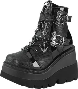 Meefit Women Wedged Boots Goth Lace Up Combat Platform Ankle Boots High Heels Punk Boots