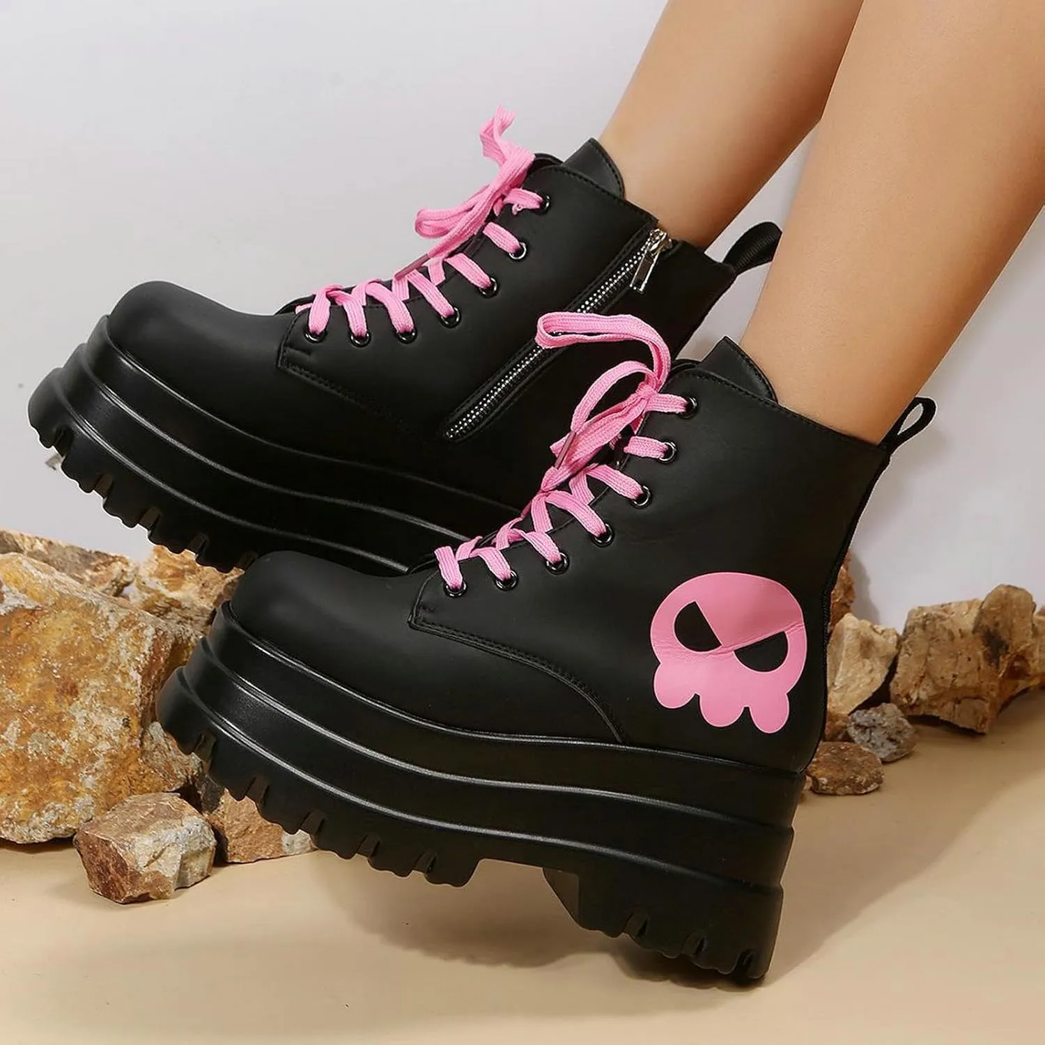 Meefit Women Wedged Boots Goth Lace Up Combat Platform Ankle Boots High Heels Punk Boots