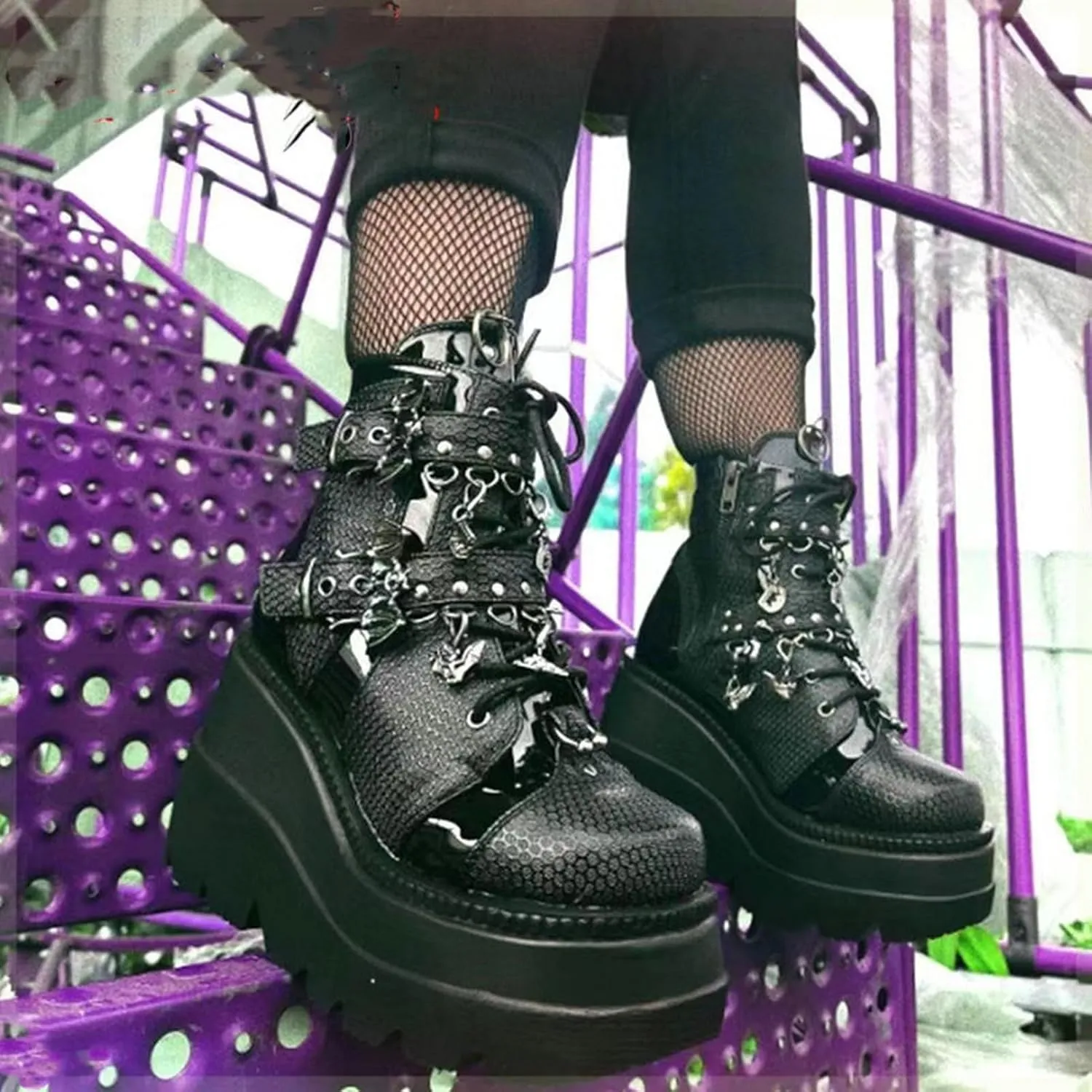 Meefit Women Wedged Boots Goth Lace Up Combat Platform Ankle Boots High Heels Punk Boots