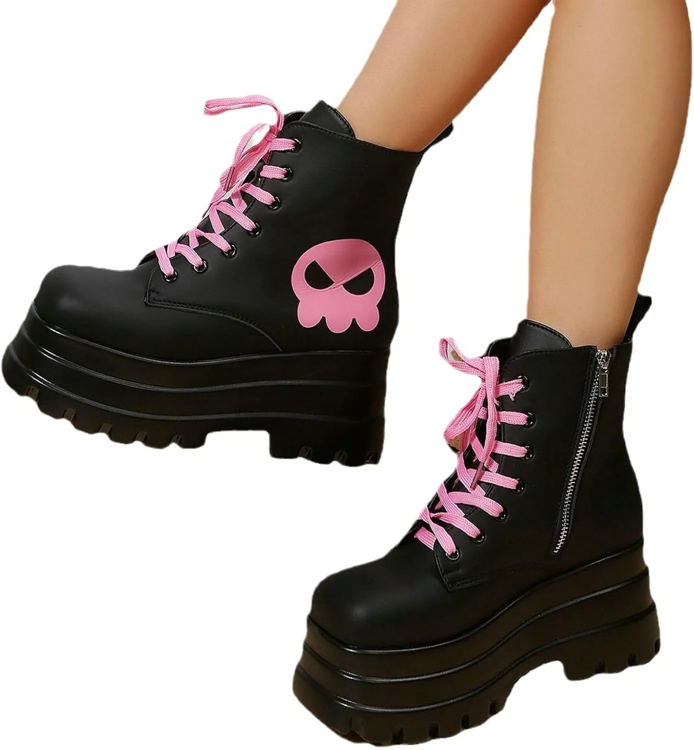 Meefit Women Wedged Boots Goth Lace Up Combat Platform Ankle Boots High Heels Punk Boots