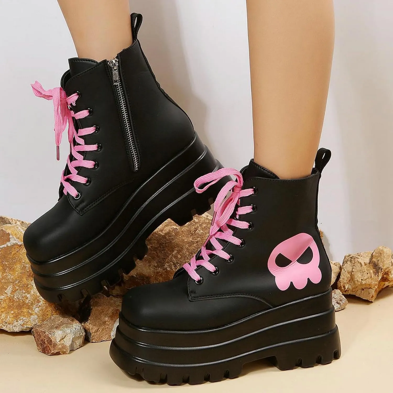 Meefit Women Wedged Boots Goth Lace Up Combat Platform Ankle Boots High Heels Punk Boots