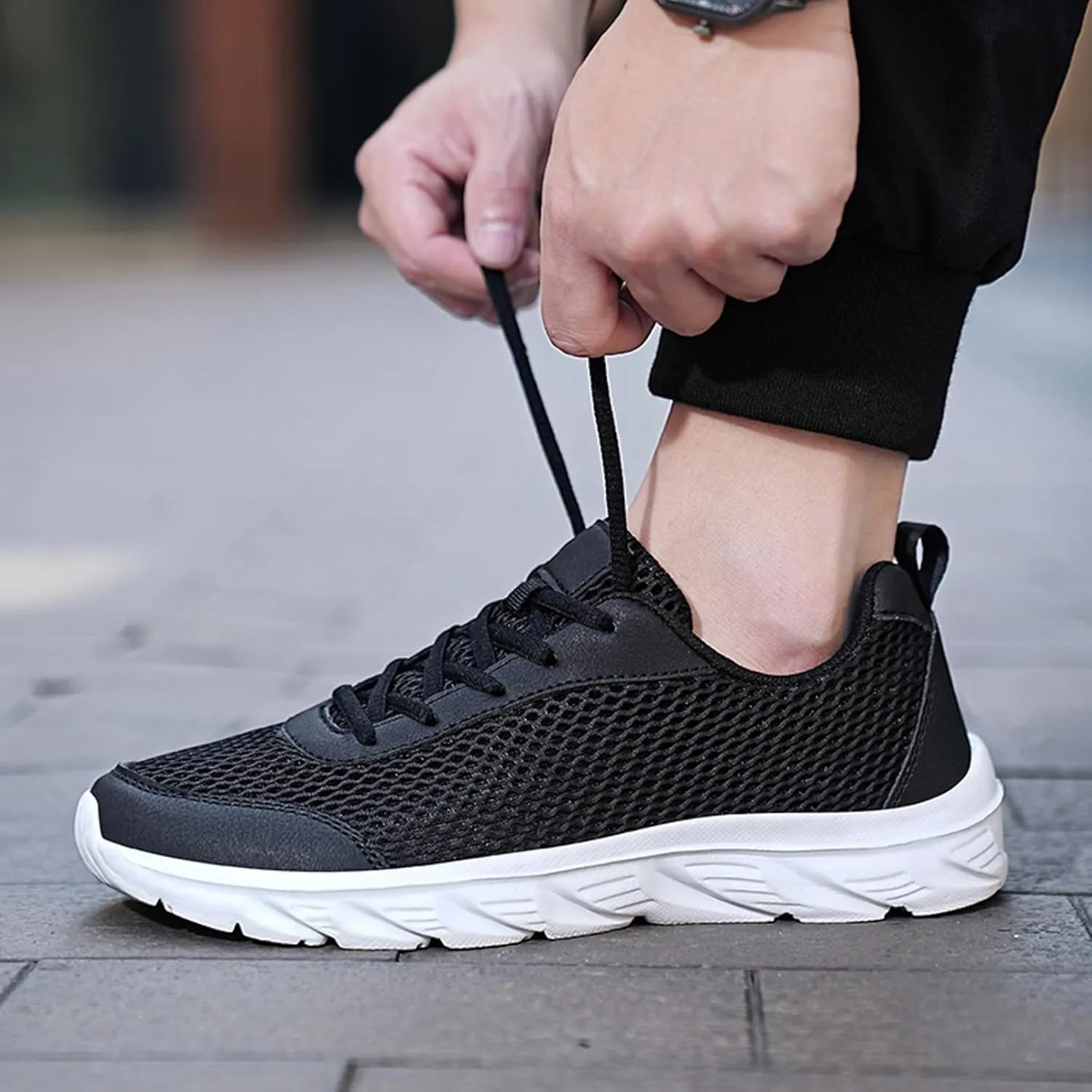 Men's Lace Up Memory Foam Sneakers Business Mesh Breathable Walking Shoe Lightweight Non Slip Sneakers for Men