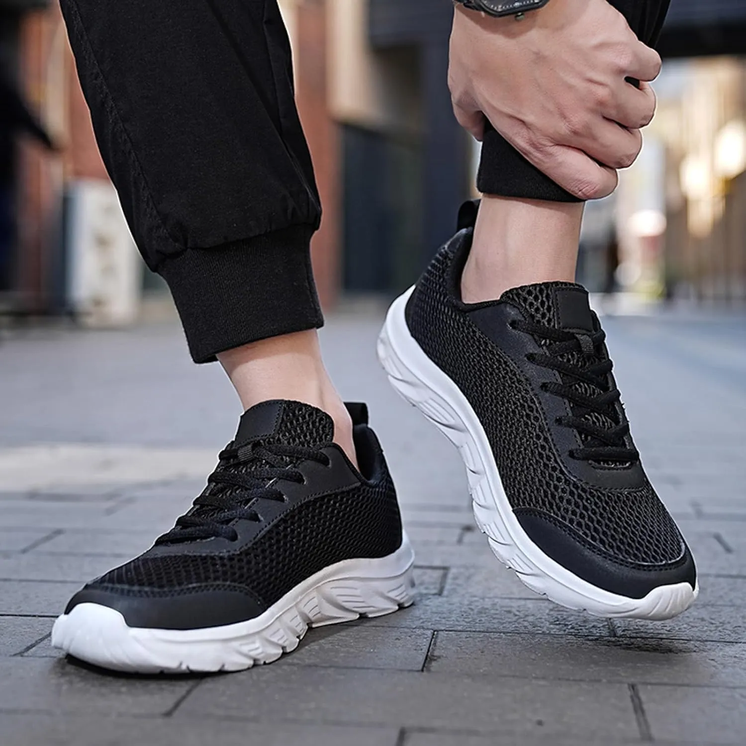 Men's Lace Up Memory Foam Sneakers Business Mesh Breathable Walking Shoe Lightweight Non Slip Sneakers for Men