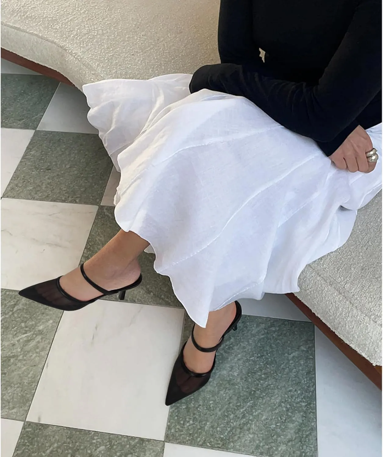 Mesh Kitten Heels Mules for Women Pointed Closed Toe Dressy Sexy Strappy Slip on Stiletto Low Heel Comfort Pumps Shoes