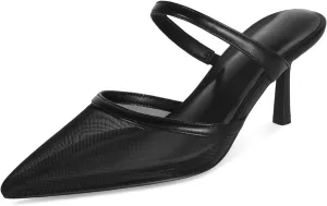 Mesh Kitten Heels Mules for Women Pointed Closed Toe Dressy Sexy Strappy Slip on Stiletto Low Heel Comfort Pumps Shoes