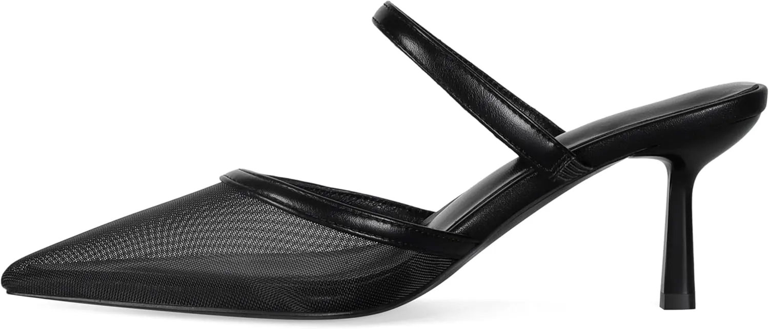 Mesh Kitten Heels Mules for Women Pointed Closed Toe Dressy Sexy Strappy Slip on Stiletto Low Heel Comfort Pumps Shoes