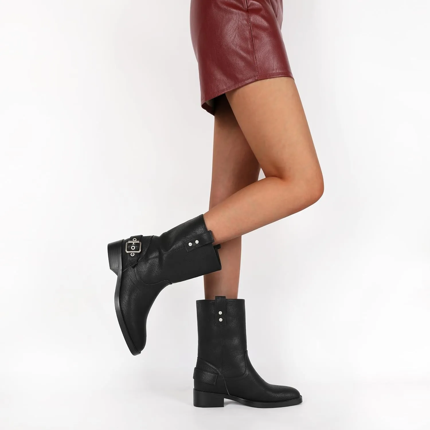 Mettesally Women Mid Calf Boots Chunky Low Heel Ankle Boots Riding Motorcycle Fall Boots 1.4 Inch