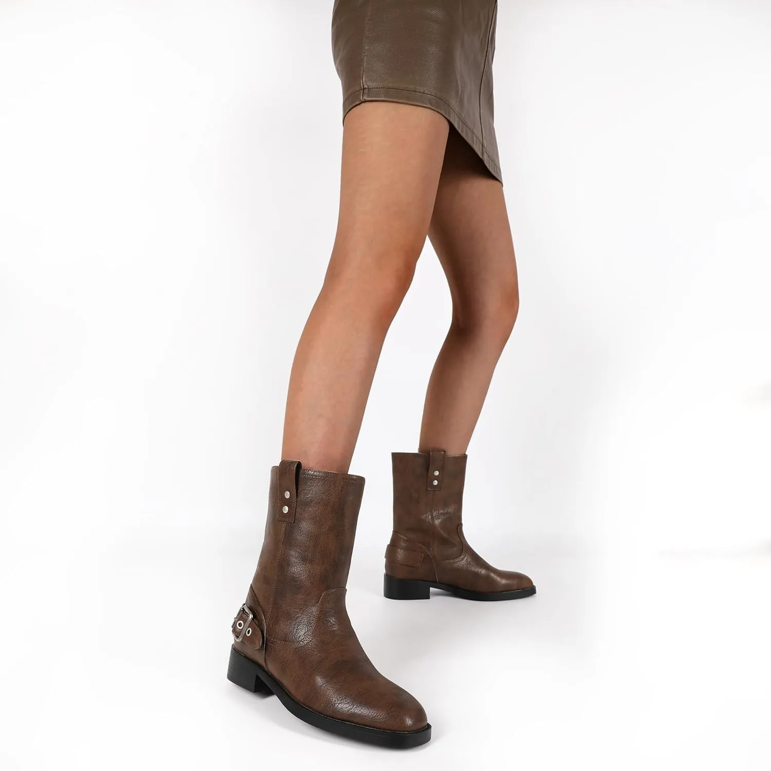 Mettesally Women Mid Calf Boots Chunky Low Heel Ankle Boots Riding Motorcycle Fall Boots 1.4 Inch