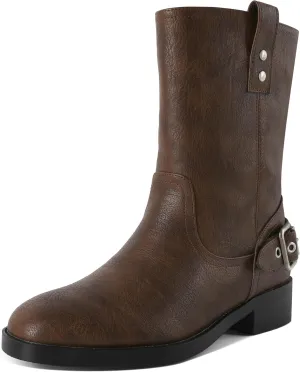 Mettesally Women Mid Calf Boots Chunky Low Heel Ankle Boots Riding Motorcycle Fall Boots 1.4 Inch