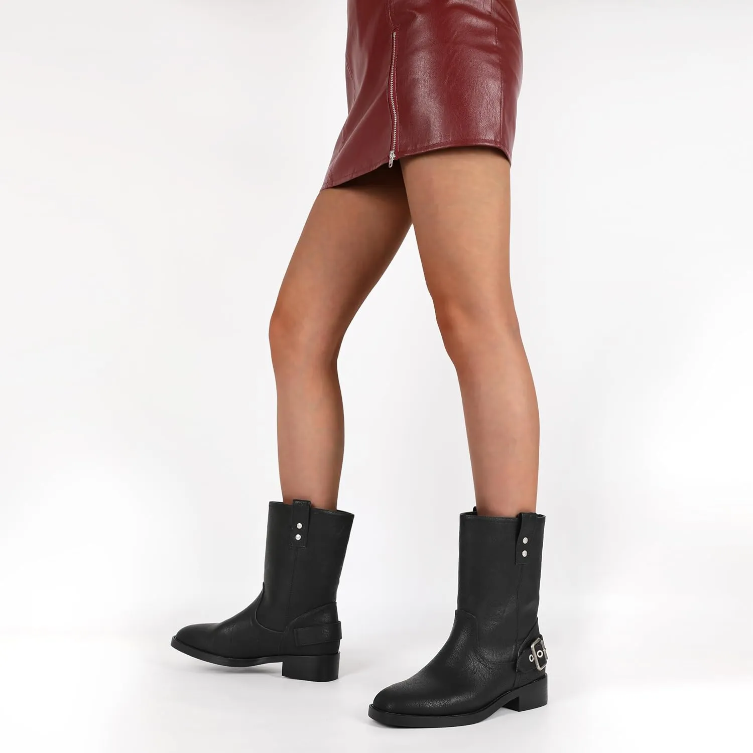 Mettesally Women Mid Calf Boots Chunky Low Heel Ankle Boots Riding Motorcycle Fall Boots 1.4 Inch