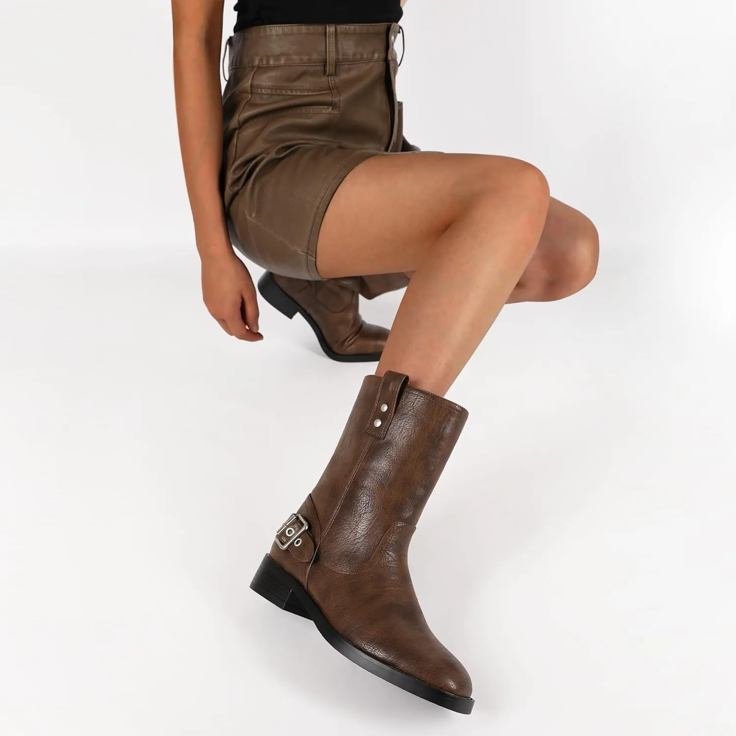 Mettesally Women Mid Calf Boots Chunky Low Heel Ankle Boots Riding Motorcycle Fall Boots 1.4 Inch