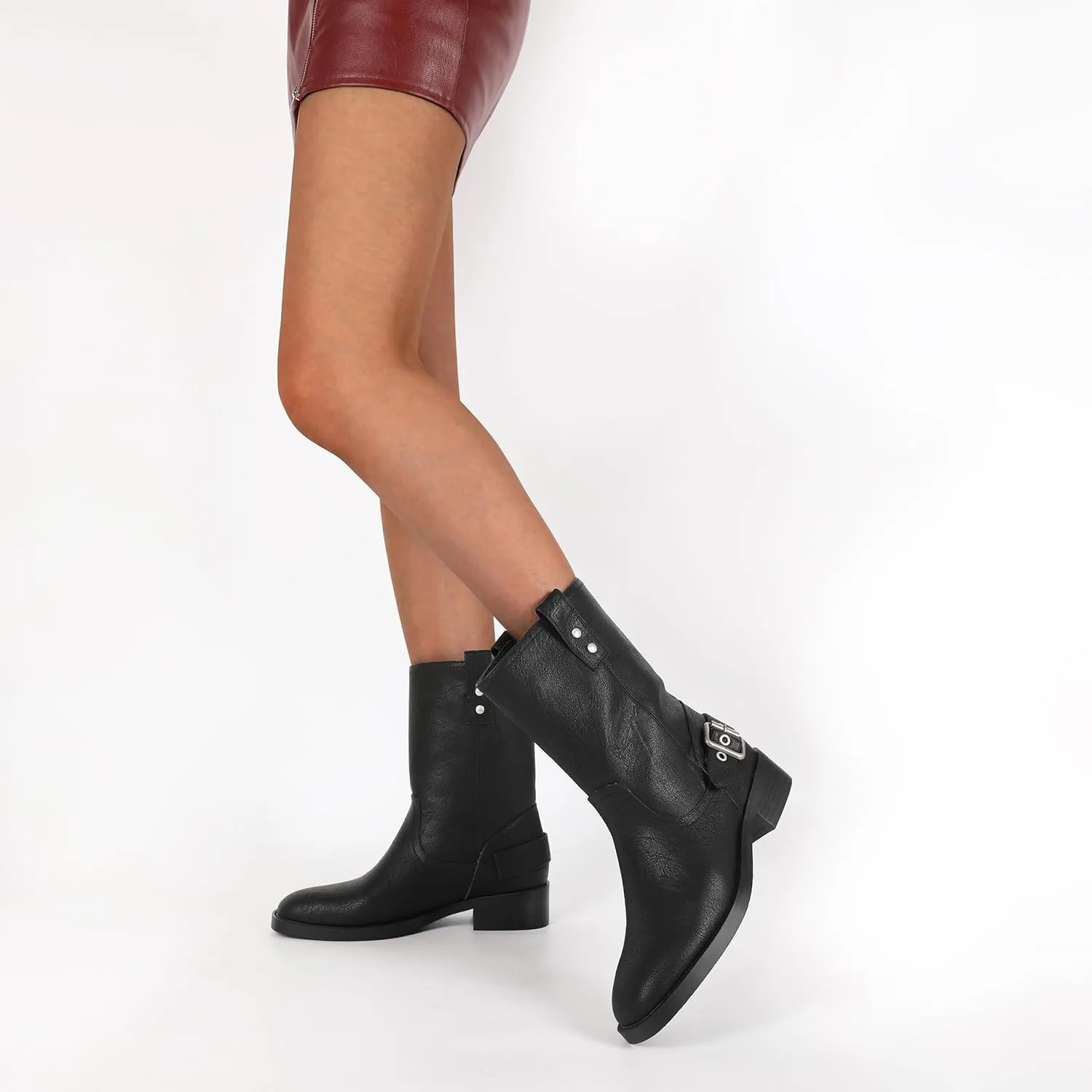 Mettesally Women Mid Calf Boots Chunky Low Heel Ankle Boots Riding Motorcycle Fall Boots 1.4 Inch