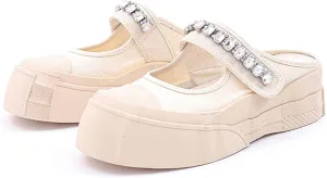 Micoklinlin Sandals for Women Canvas Slide Sandals Dressy Platform Sandals with Rhinestones Girls Slip-on Flat Slippers