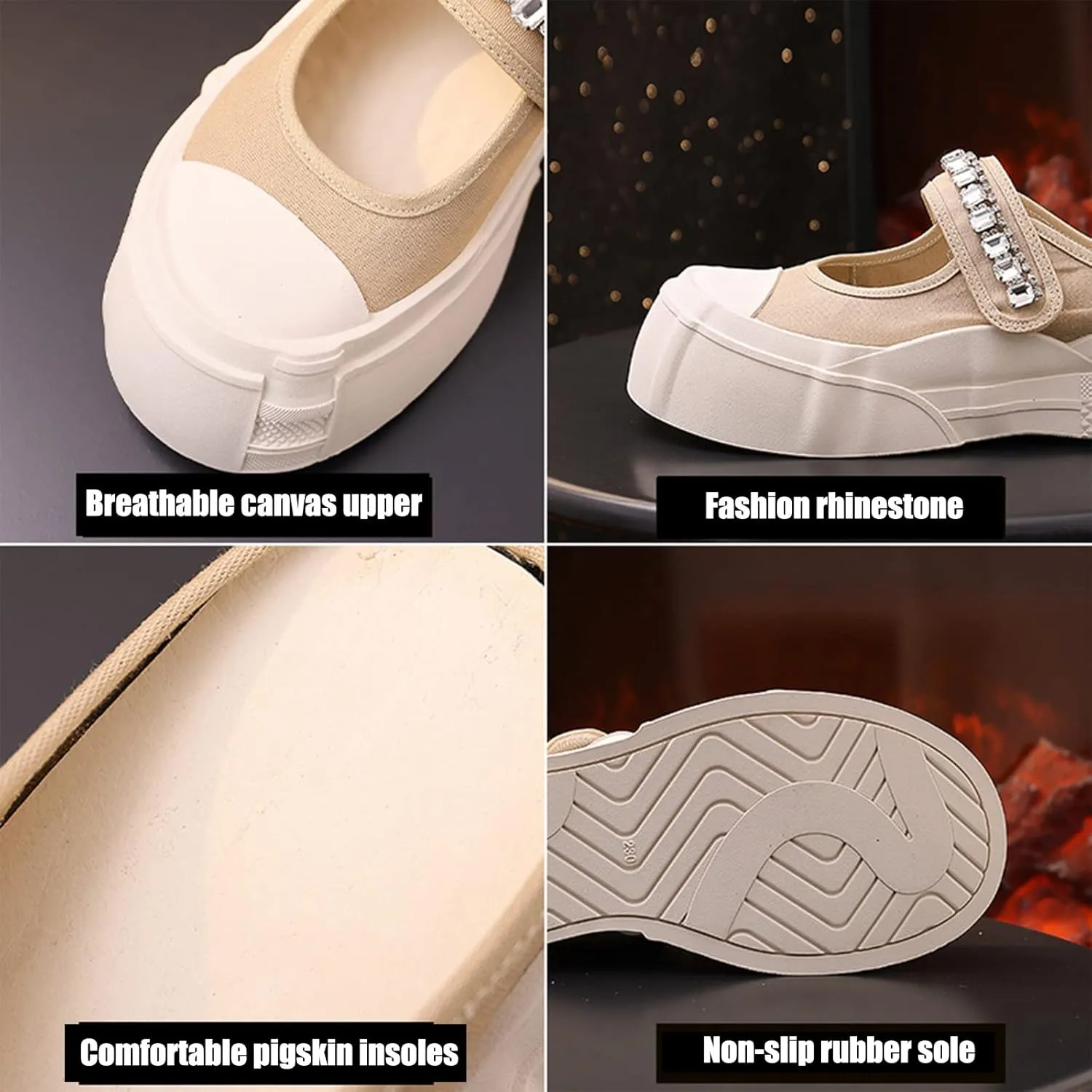 Micoklinlin Sandals for Women Canvas Slide Sandals Dressy Platform Sandals with Rhinestones Girls Slip-on Flat Slippers