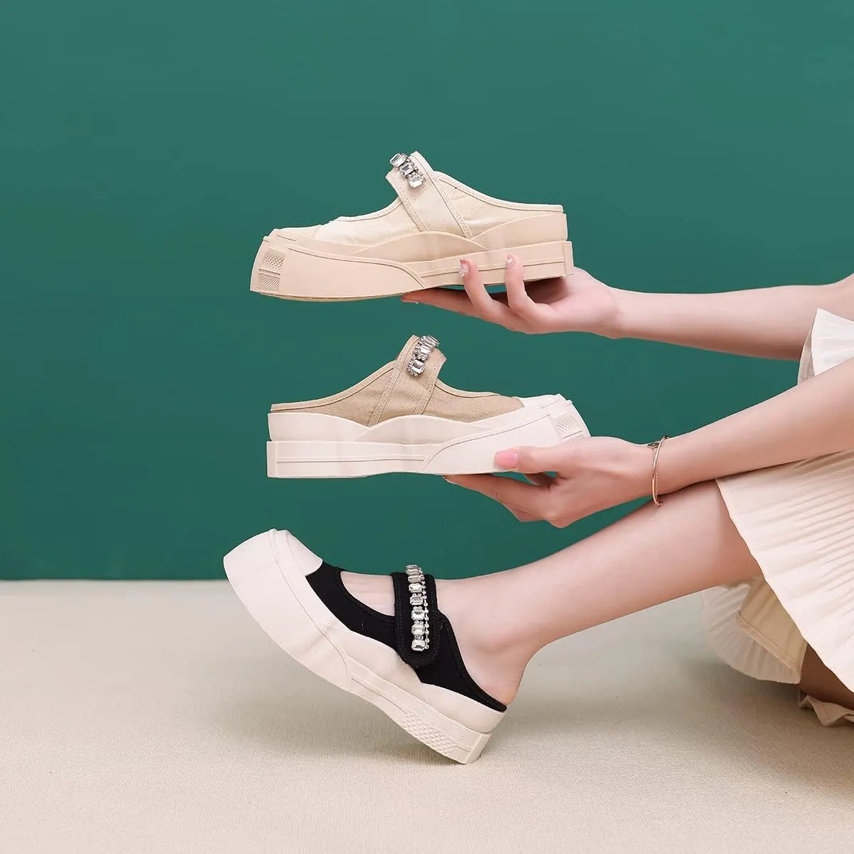 Micoklinlin Sandals for Women Canvas Slide Sandals Dressy Platform Sandals with Rhinestones Girls Slip-on Flat Slippers