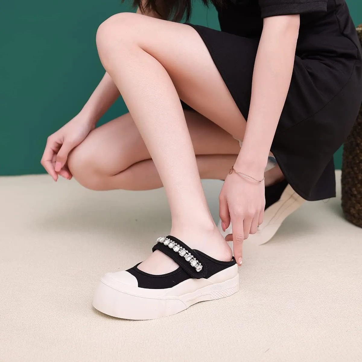 Micoklinlin Sandals for Women Canvas Slide Sandals Dressy Platform Sandals with Rhinestones Girls Slip-on Flat Slippers