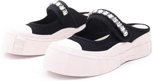 Micoklinlin Sandals for Women Canvas Slide Sandals Dressy Platform Sandals with Rhinestones Girls Slip-on Flat Slippers