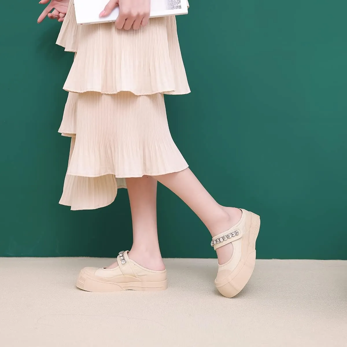 Micoklinlin Sandals for Women Canvas Slide Sandals Dressy Platform Sandals with Rhinestones Girls Slip-on Flat Slippers