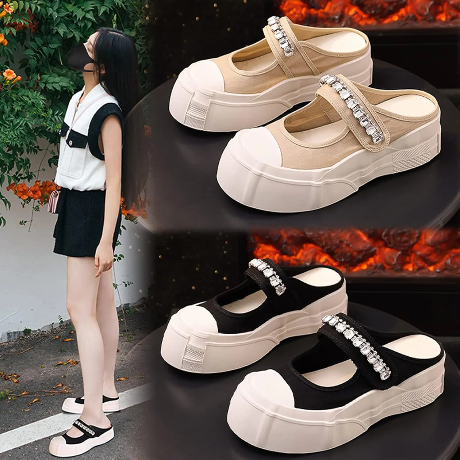 Micoklinlin Sandals for Women Canvas Slide Sandals Dressy Platform Sandals with Rhinestones Girls Slip-on Flat Slippers