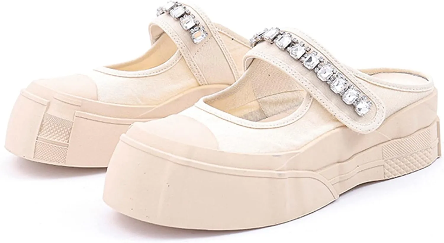 Micoklinlin Sandals for Women Canvas Slide Sandals Dressy Platform Sandals with Rhinestones Girls Slip-on Flat Slippers