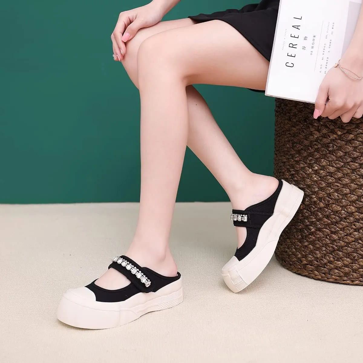 Micoklinlin Sandals for Women Canvas Slide Sandals Dressy Platform Sandals with Rhinestones Girls Slip-on Flat Slippers