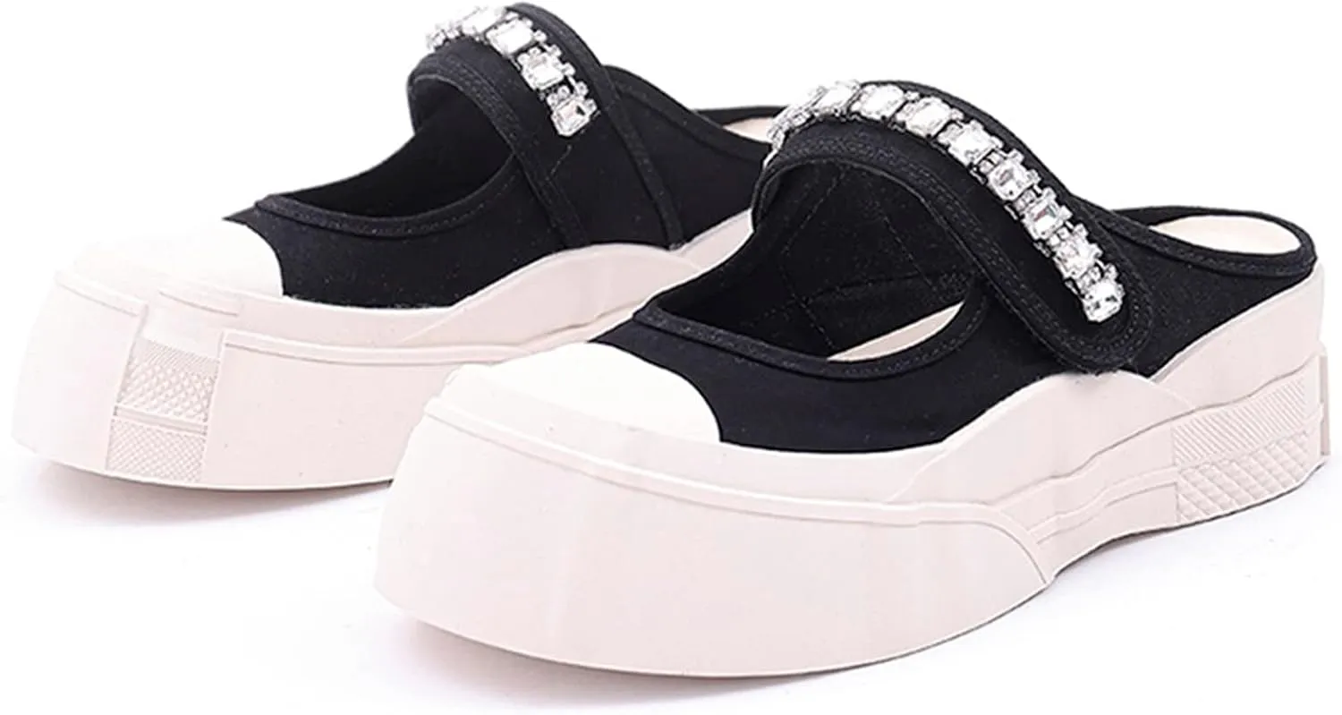 Micoklinlin Sandals for Women Canvas Slide Sandals Dressy Platform Sandals with Rhinestones Girls Slip-on Flat Slippers