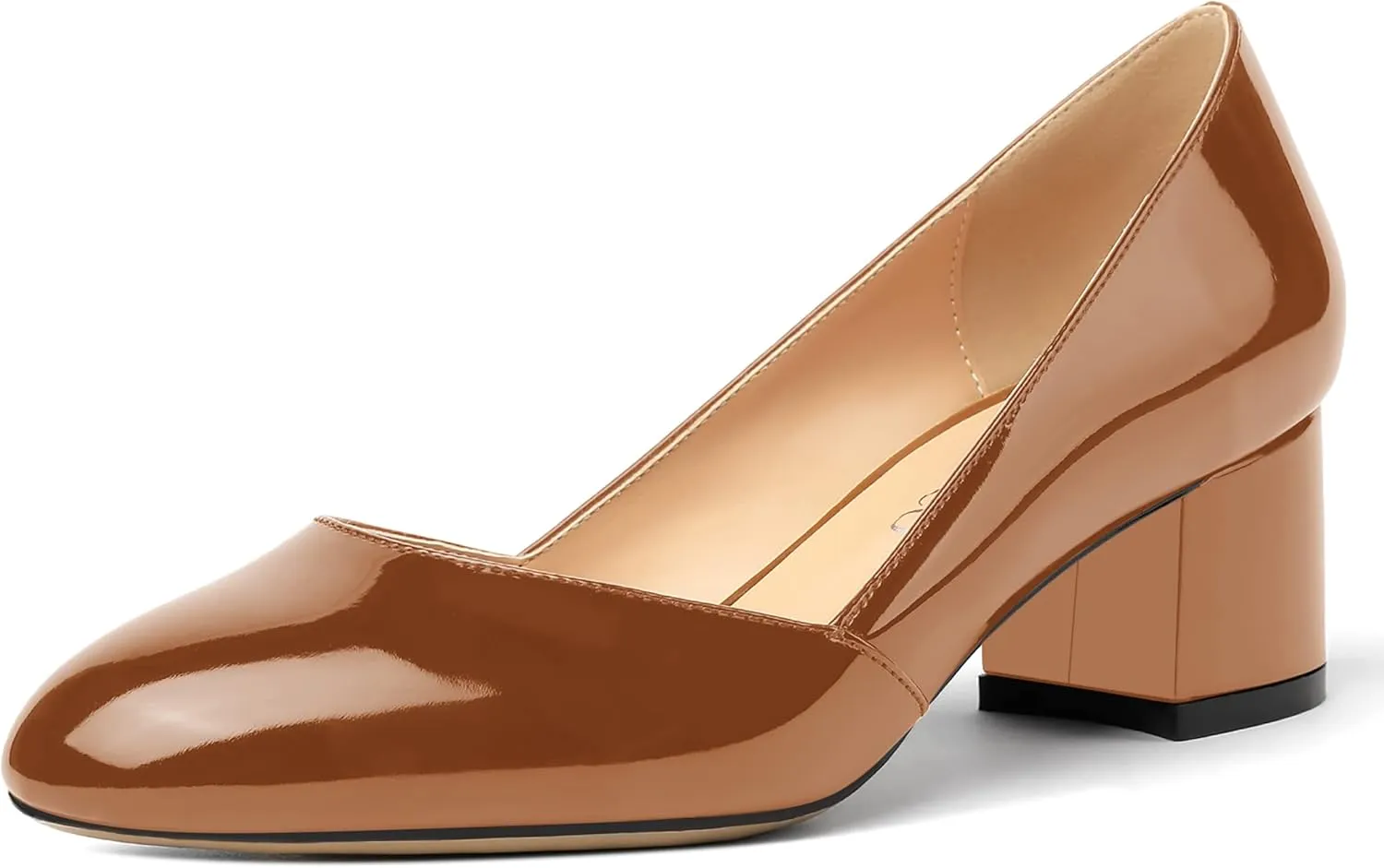 MODENCOCO Women's Block Round Toe Slip On Patent Chunky Low Heel Pumps Wedding Dress Shoes 2 Inch