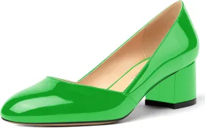 MODENCOCO Women's Block Round Toe Slip On Patent Chunky Low Heel Pumps Wedding Dress Shoes 2 Inch