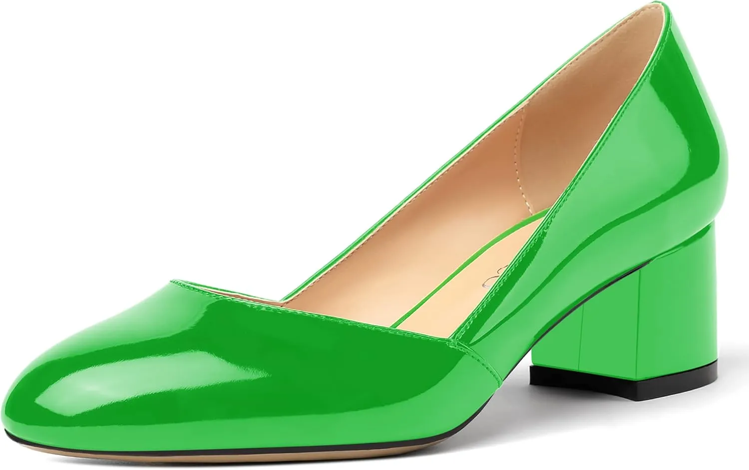 MODENCOCO Women's Block Round Toe Slip On Patent Chunky Low Heel Pumps Wedding Dress Shoes 2 Inch