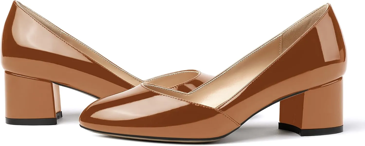 MODENCOCO Women's Block Round Toe Slip On Patent Chunky Low Heel Pumps Wedding Dress Shoes 2 Inch