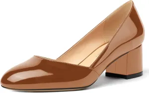 MODENCOCO Women's Block Round Toe Slip On Patent Chunky Low Heel Pumps Wedding Dress Shoes 2 Inch