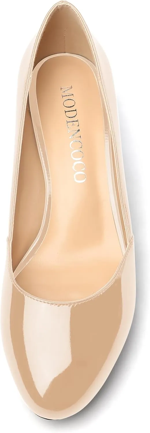 MODENCOCO Women's Block Round Toe Slip On Patent Chunky Low Heel Pumps Wedding Dress Shoes 2 Inch