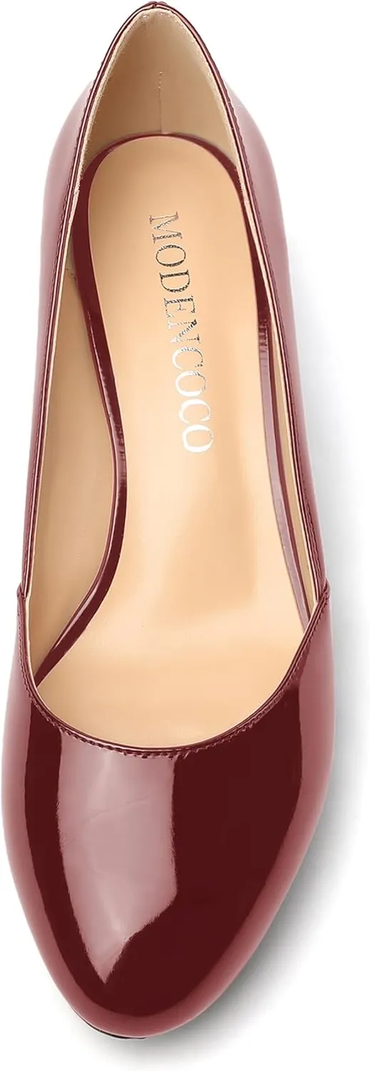 MODENCOCO Women's Block Round Toe Slip On Patent Chunky Low Heel Pumps Wedding Dress Shoes 2 Inch