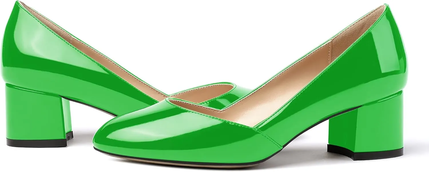 MODENCOCO Women's Block Round Toe Slip On Patent Chunky Low Heel Pumps Wedding Dress Shoes 2 Inch