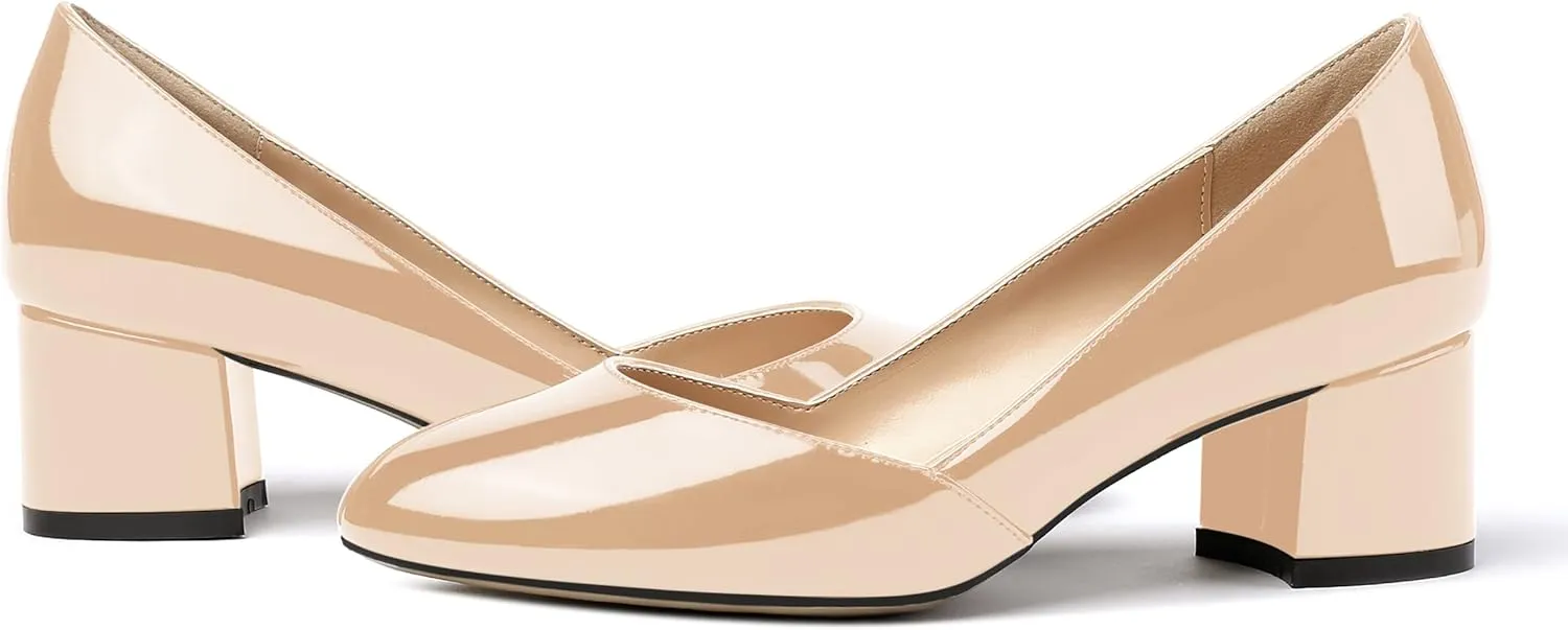 MODENCOCO Women's Block Round Toe Slip On Patent Chunky Low Heel Pumps Wedding Dress Shoes 2 Inch