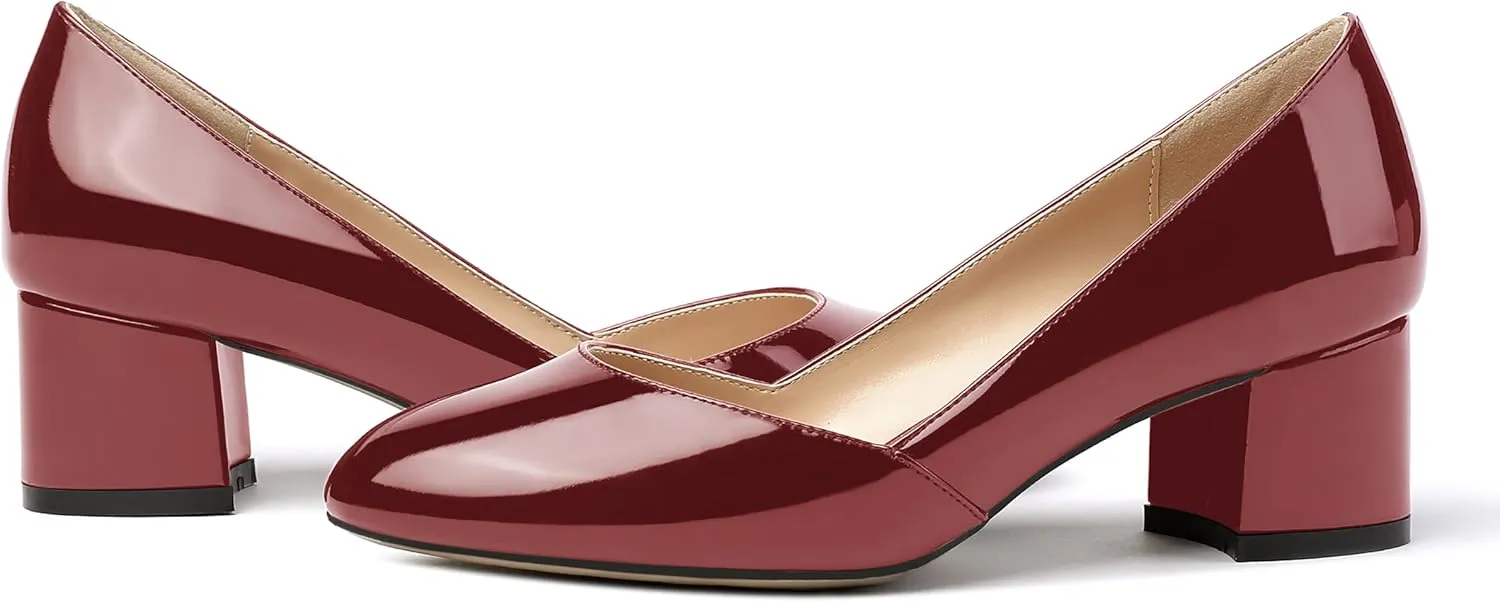 MODENCOCO Women's Block Round Toe Slip On Patent Chunky Low Heel Pumps Wedding Dress Shoes 2 Inch